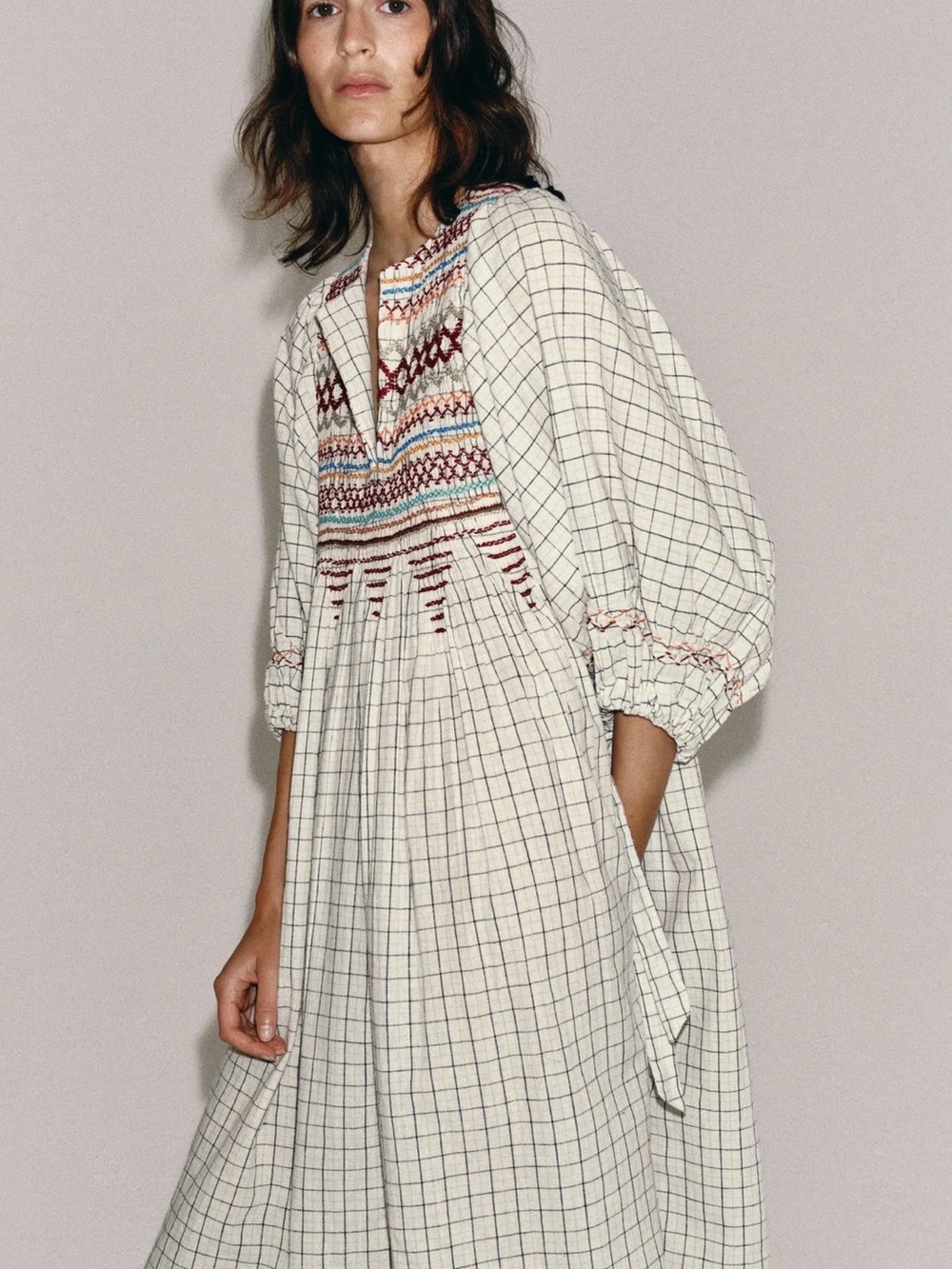 Zara Cream Checked Embroidered Long Sleeve Dress - Picture 5 of 6